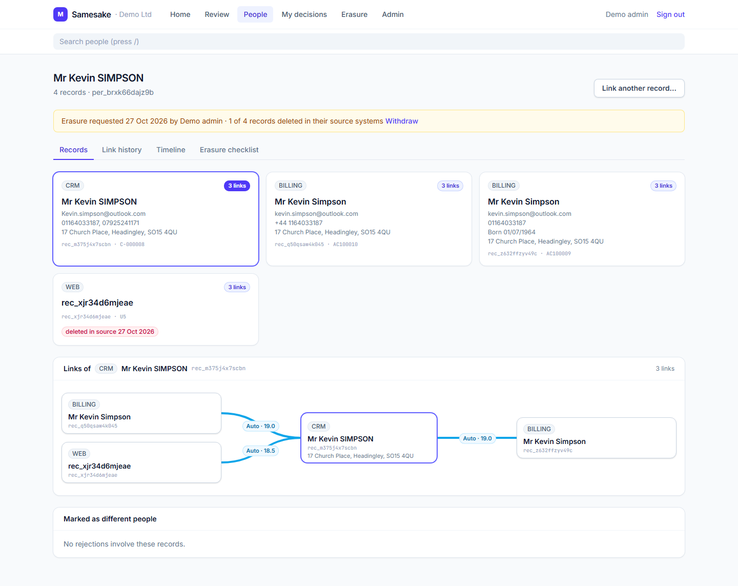 Person page showing linked records from different sources and a shared person ID.